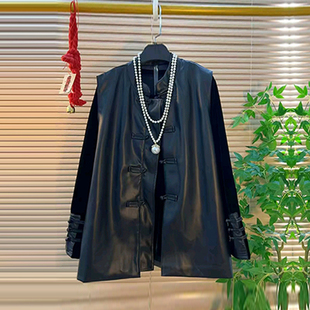 加肥大码女装欧货立领皮马甲胖妹妹黑色显瘦盘扣袖口圆领丝绒小衫