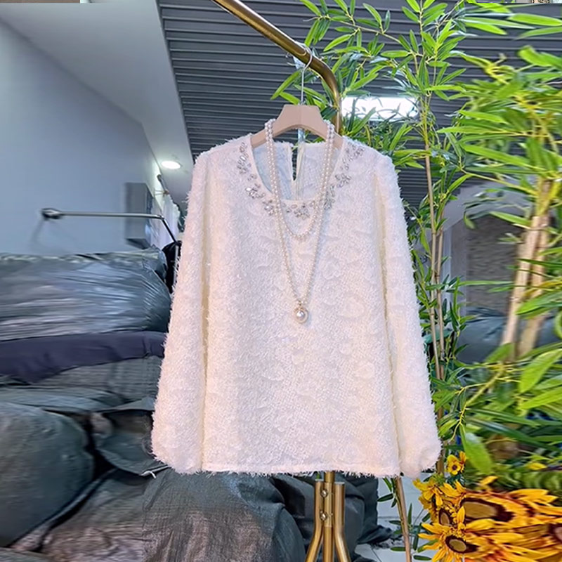 大码女装亮钻领长袖蕾丝上衣