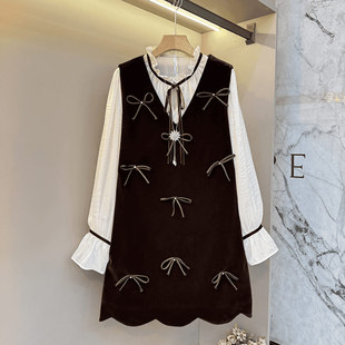 大码女装系带领长袖打底衫满身蝴蝶结马甲裙胖妹妹韩版通勤两件套