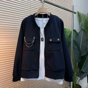 胖妹妹链条兜长袖外套韩版大码女装纯色简约2026早春新款百搭上衣