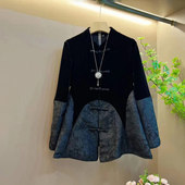 加大码 气质上衣潮 胖妹妹显瘦百搭秋冬款 女装 立领盘扣拼接撞色长袖