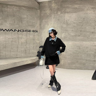 加肥女拼牛仔翻领长袖 显瘦休闲两件套 上衣短裙胖妹妹气质减龄韩版