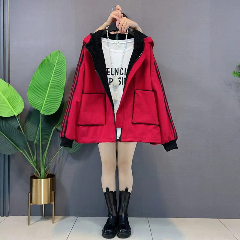 加肥连帽拼色条长袖外套
