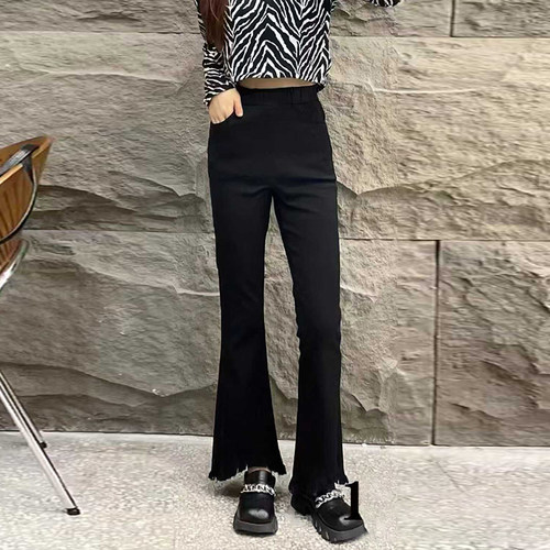 大码女装毛边裤脚微喇九分裤