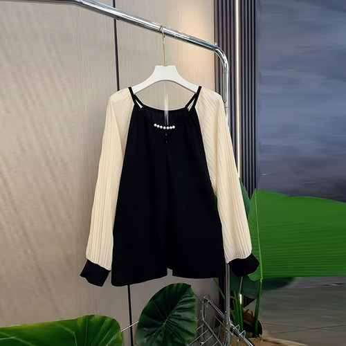 钉珠领拼色长袖小衫上衣