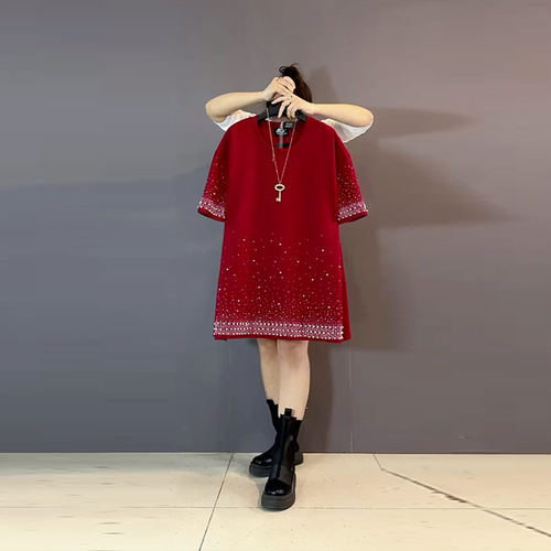 胖妹妹钉珠亮钻边短袖T恤衫