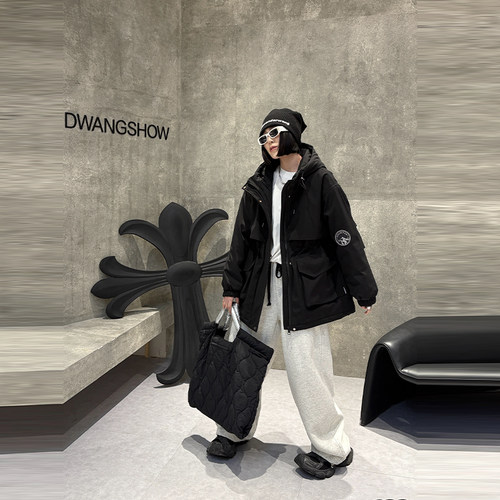 连帽收腰抽绳长袖风衣外套