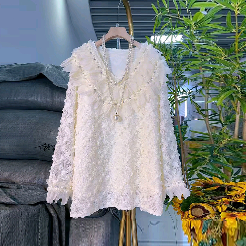 大码女装V领亮钻边长袖小衫