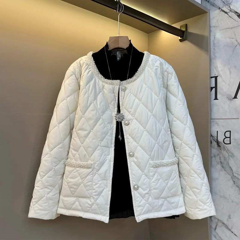 圆领钉珠边长袖棉服外套