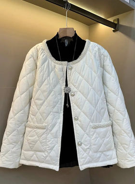 圆领钉珠边长袖棉服外套