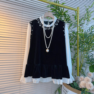 胖妹妹加肥拼色长袖亮钻领上衣大码女装设计感秋季款百搭减龄小衫