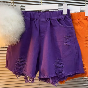 百搭加肥松紧腰糖果色破洞短裤 新款 2023夏季 胖妹妹宽松遮胯休闲裤