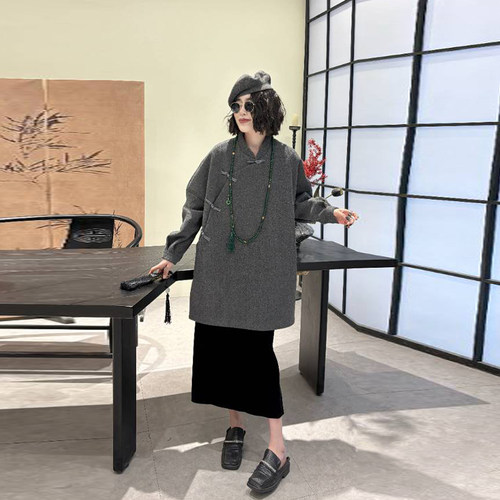 大码女装立领斜盘扣长袖上衣