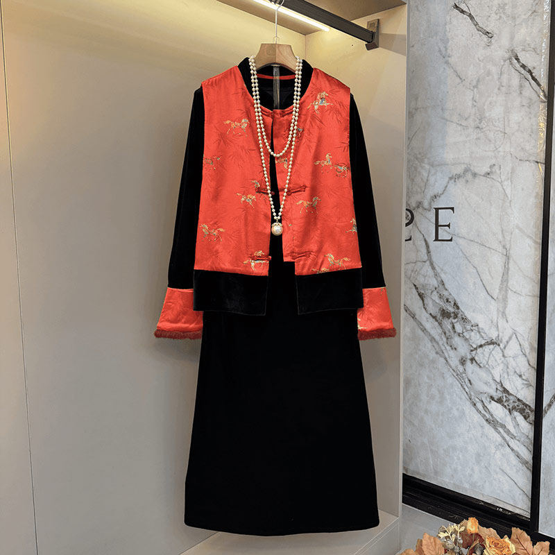 加大码女装盘扣暗花马甲拼色袖口小衫半身裙胖妹妹复古气质三件套,女装/女士精品,大码套装,淘宝优惠券,粉丝福利购,淘宝优惠卷