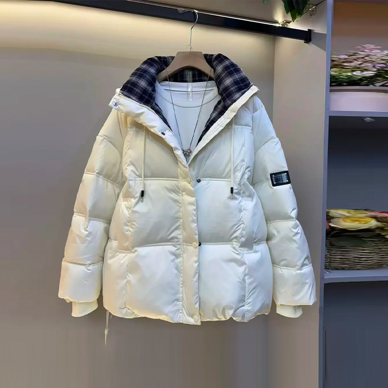 格子立领长袖棉服外套