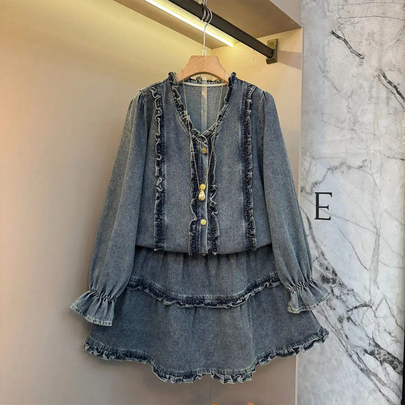 加肥大码女装荷叶领长袖上衣短裙胖妹妹欧洲站减龄时尚牛仔两件套,女装/女士精品,大码套装,淘宝优惠券,粉丝福利购,淘宝优惠卷