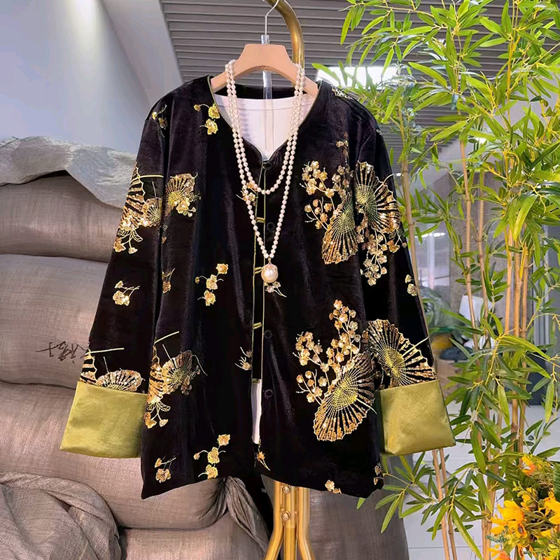 拼色袖口亮片花重工国风外套