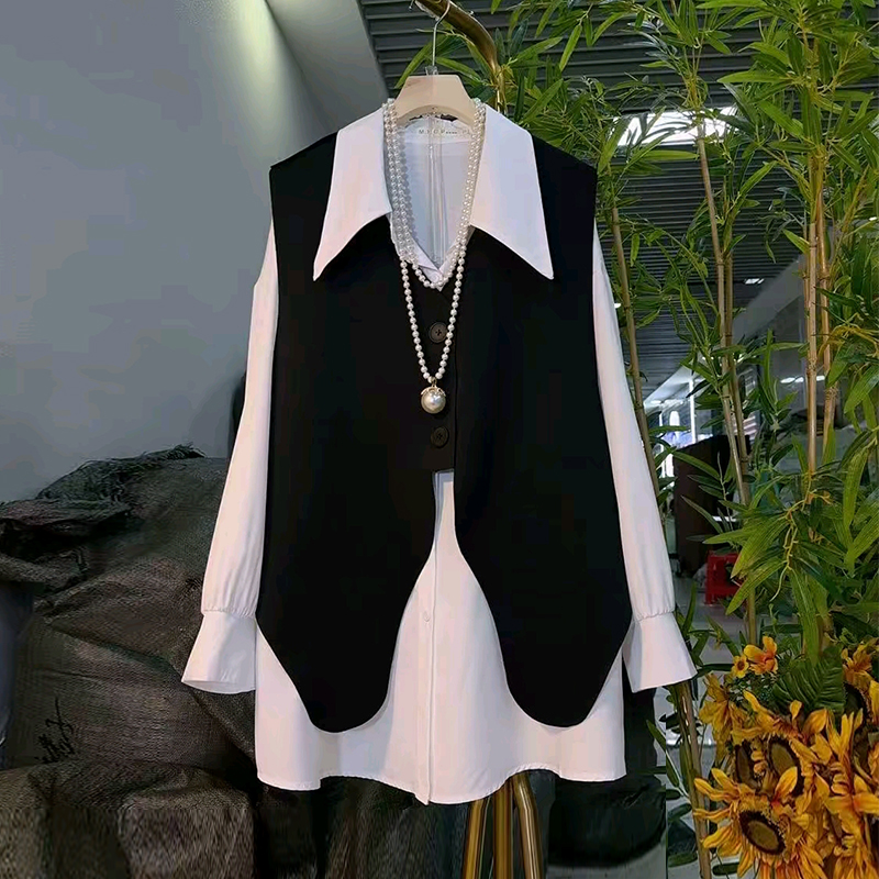 翻领长袖衬衫不规则底摆V领马甲