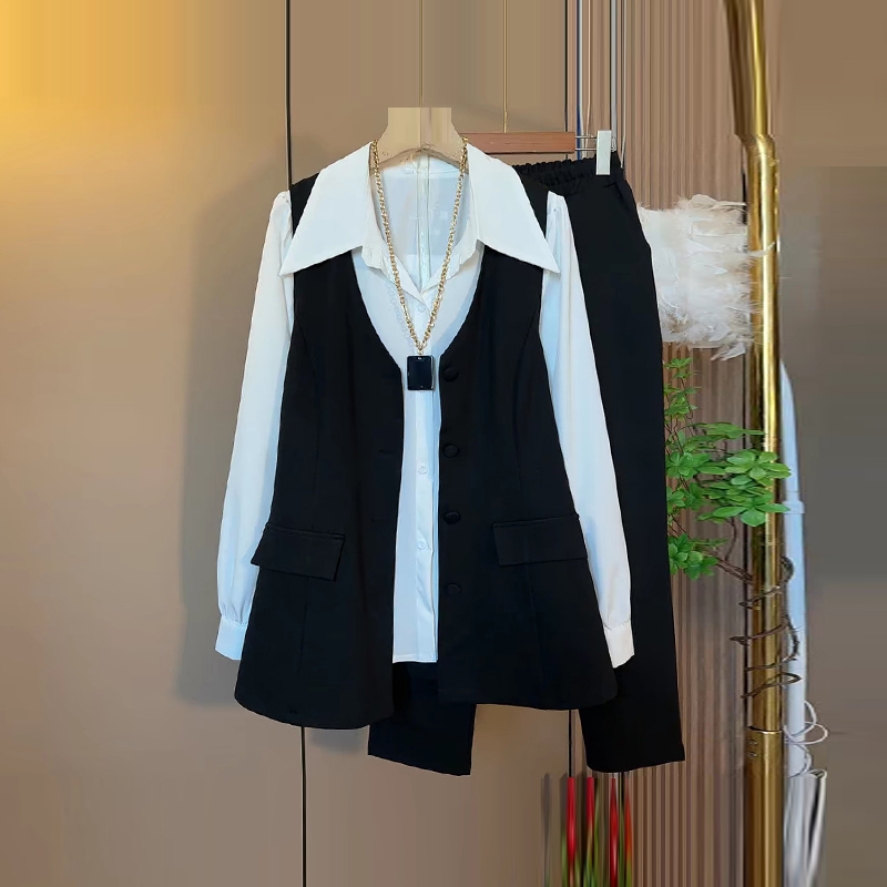 V领西服马甲翻领衬衫三件套长裤