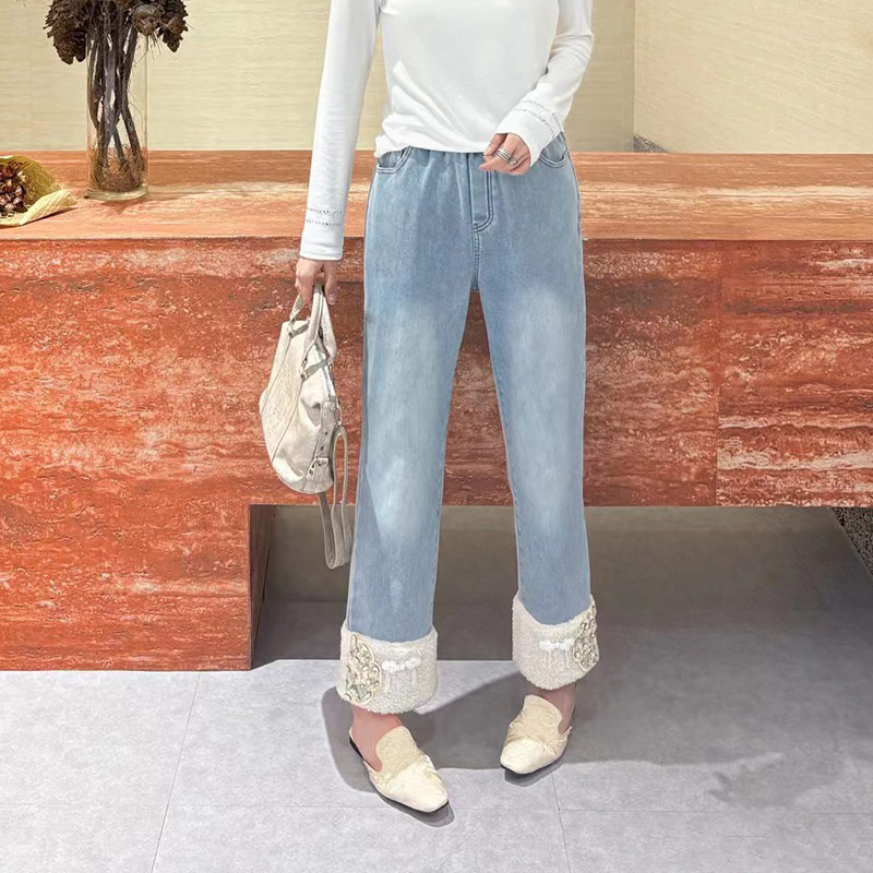 亮钻加绒裤脚直筒九分裤