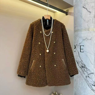 加肥圆领长袖中长款羊羔毛外套宽松遮肚子大码女装秋冬款欧货上衣