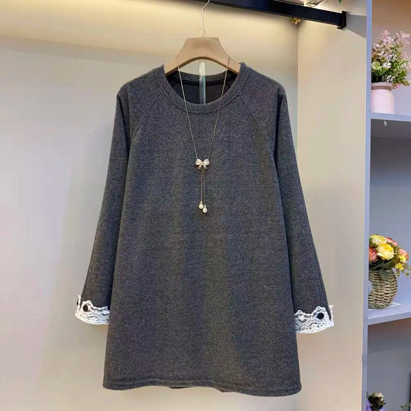 拼色蕾丝袖口圆领上衣