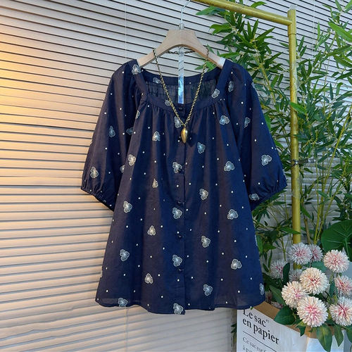 大码女装圆领短袖花朵小衫