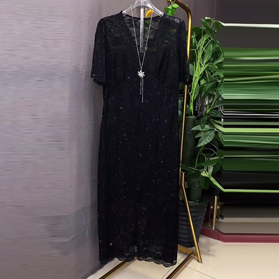 大码女装V领短袖蕾丝裙