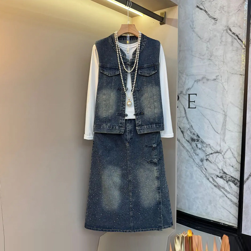 加肥长袖白色T恤衫胖妹妹立领盘扣马甲半身裙牛仔亮钻欧货两件套,女装/女士精品,大码套装,淘宝优惠券,粉丝福利购,淘宝优惠卷