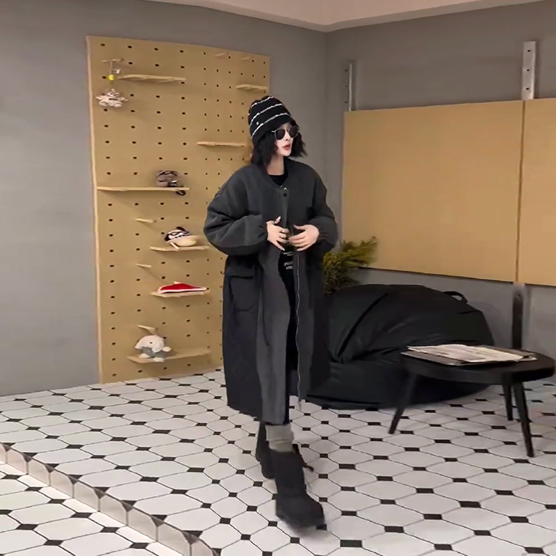 大码拼接撞色长款棉外套