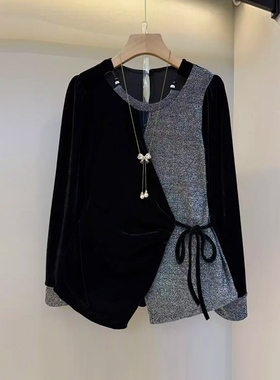 胖妹妹加肥圆领镂空拼色AB版腰带上衣大码女装气质通勤风显瘦外套