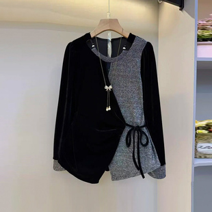 胖妹妹加肥圆领镂空拼色AB版腰带上衣大码女装气质通勤风显瘦外套