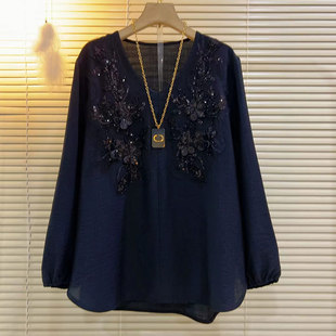 加肥V领亮片花朵长袖上衣胖MM宽松遮肚子夏季款大码女装百搭小衫