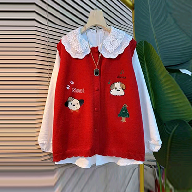 加大码女装卡通图案针织马甲胖妹妹韩版减龄休闲蕾丝翻领长袖衬衫,女装/女士精品,大码内搭,淘宝优惠券,粉丝福利购,淘宝优惠卷