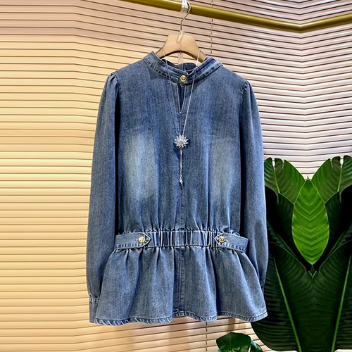 胖妹妹立领收腰长袖牛仔上衣