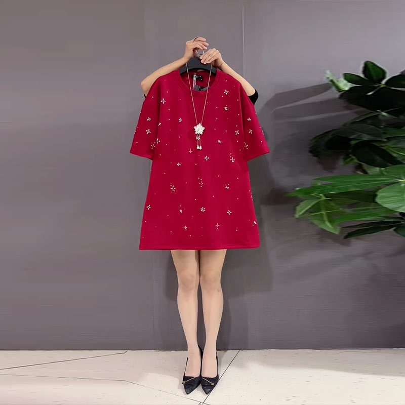 大码女装短袖圆领亮钻上衣