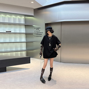 加肥拼蕾丝长袖 假两件上衣胖妹妹气质小心机黑色洋气设计感T恤衫