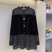 女装 设计感秋季 长袖 加大码 拼接网纱小衫 胖妹妹法式 款 黑色百搭上衣