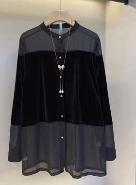加大码女装长袖拼接网纱小衫胖妹妹法式设计感秋季款黑色百搭上衣