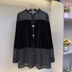 拼接网纱小衫 长袖 胖妹妹法式 设计感秋季 黑色百搭上衣 加大码 款 女装