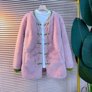 防貂毛外套胖妹妹冬季 圆领拼色边盘扣长袖 气质洋气上衣 女装 加大码