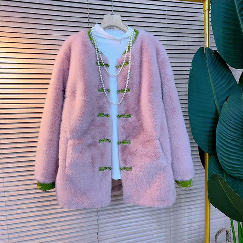 圆领拼色边盘扣长袖防貂毛外套