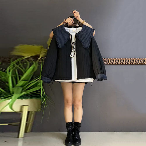 大码女装披肩领长袖棉服外套