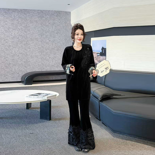 胖妹妹盘扣暗花裤脚裤子加肥大码女装复古风洋气拼色花纹袖口上衣