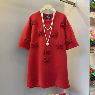 T恤衫 秋冬款 宽松遮肚子大码 韩版 洋气上衣 女装 加肥针织蝴蝶结短袖