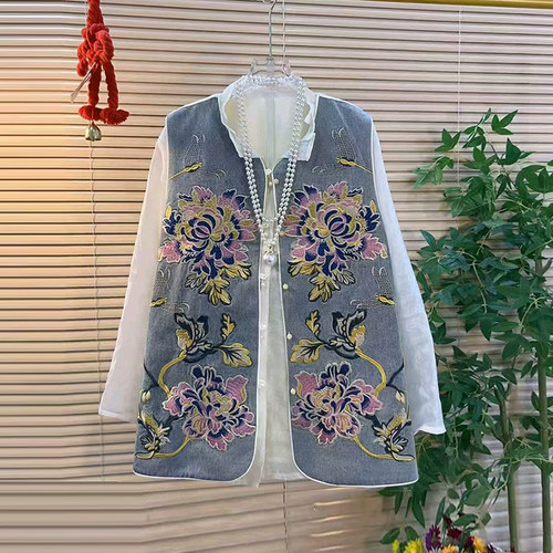 刺绣花牛仔马甲长袖欧根纱小衫