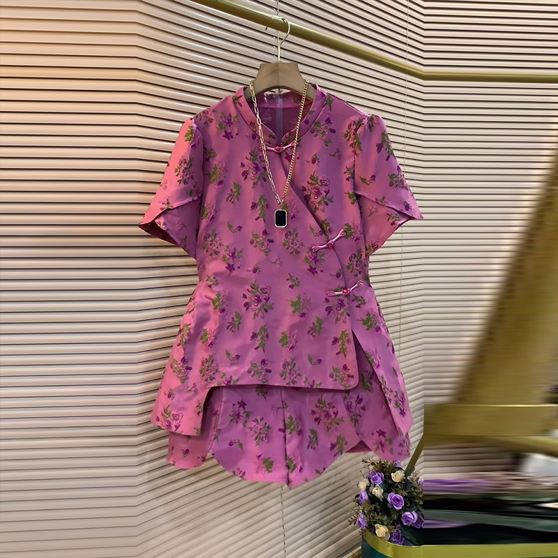 大码女装立领不规则底摆盘扣短袖上衣胖妹妹夏季款松紧腰花朵短裤,女装/女士精品,大码内搭,淘宝优惠券,粉丝福利购,淘宝优惠卷