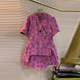 松紧腰花朵短裤 大码 上衣胖妹妹夏季 款 女装 立领不规则底摆盘扣短袖