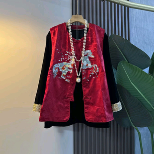 大码女装彩色花朵马图案国风马甲胖妹妹气质显瘦时尚拼色袖口小衫