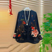 女装 盘扣刺绣花国风马甲法式 小众设计胖妹妹斜襟拼色袖 大码 口小衫